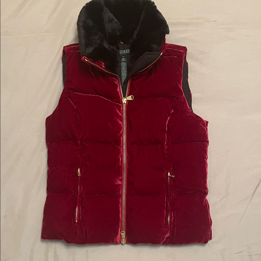 Ralph Lauren Burgundy Velvet Vest with detachable Black Fur Collar